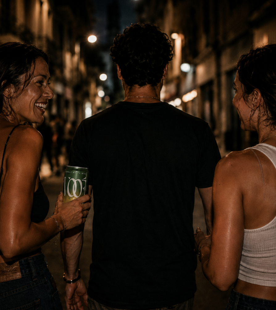 Friends walking a night street, VOOÉ in hand
